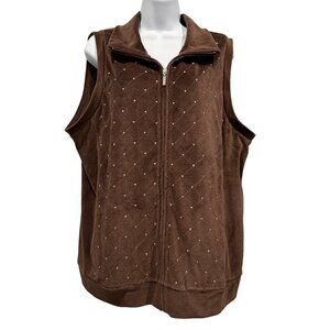 Quacker Factory Velour Zip Vest Rhinestones Pockets Western Rodeo Brown Sz L NEW